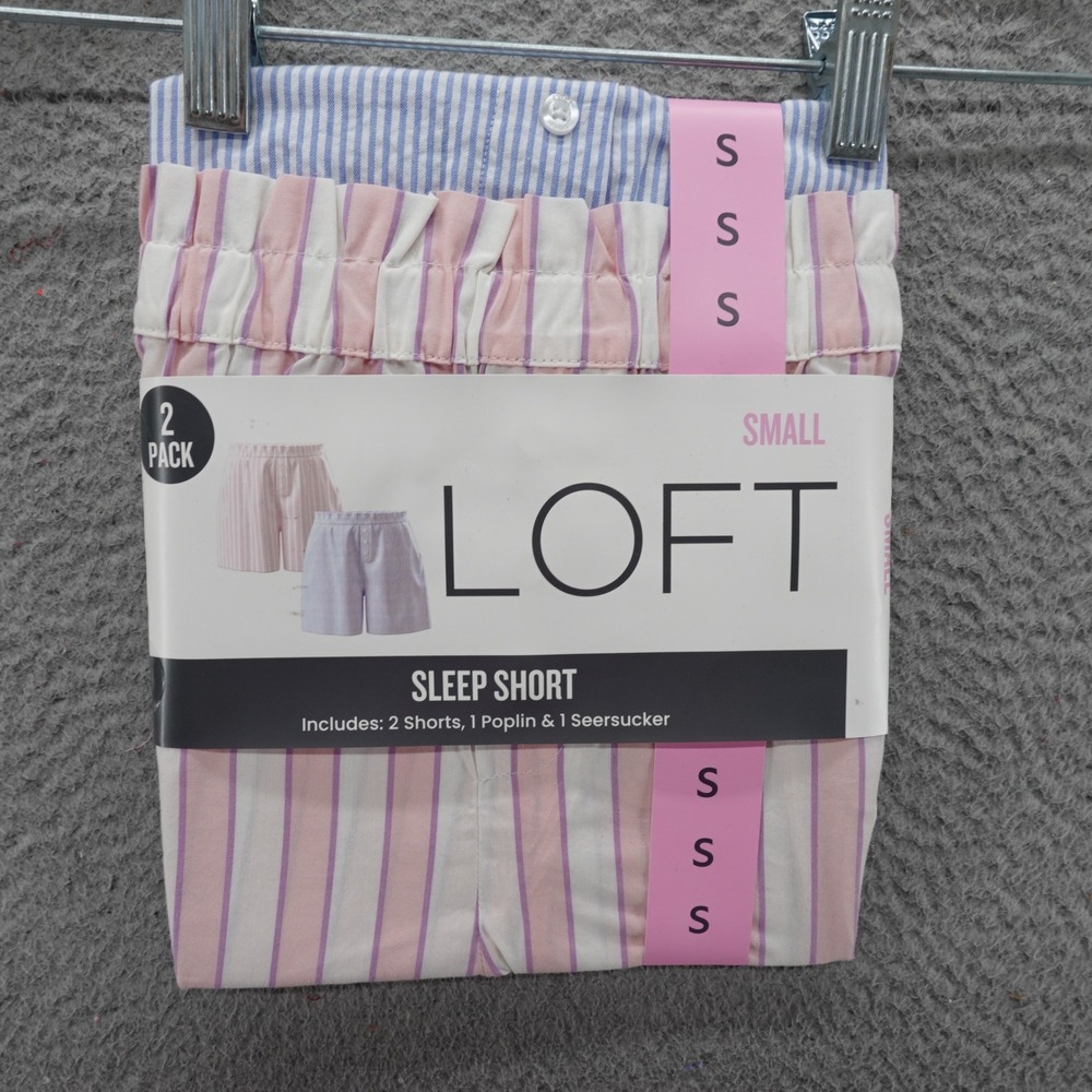 Loft Womens 2 Pack Sleep Shorts Pink Poplin Blue Seersucker Striped Small NEW